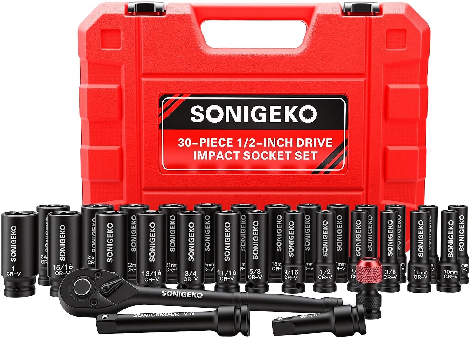 Impact Socket Set 30PC 1/2 Drive Deep SAE Metric CR-V Extensions
