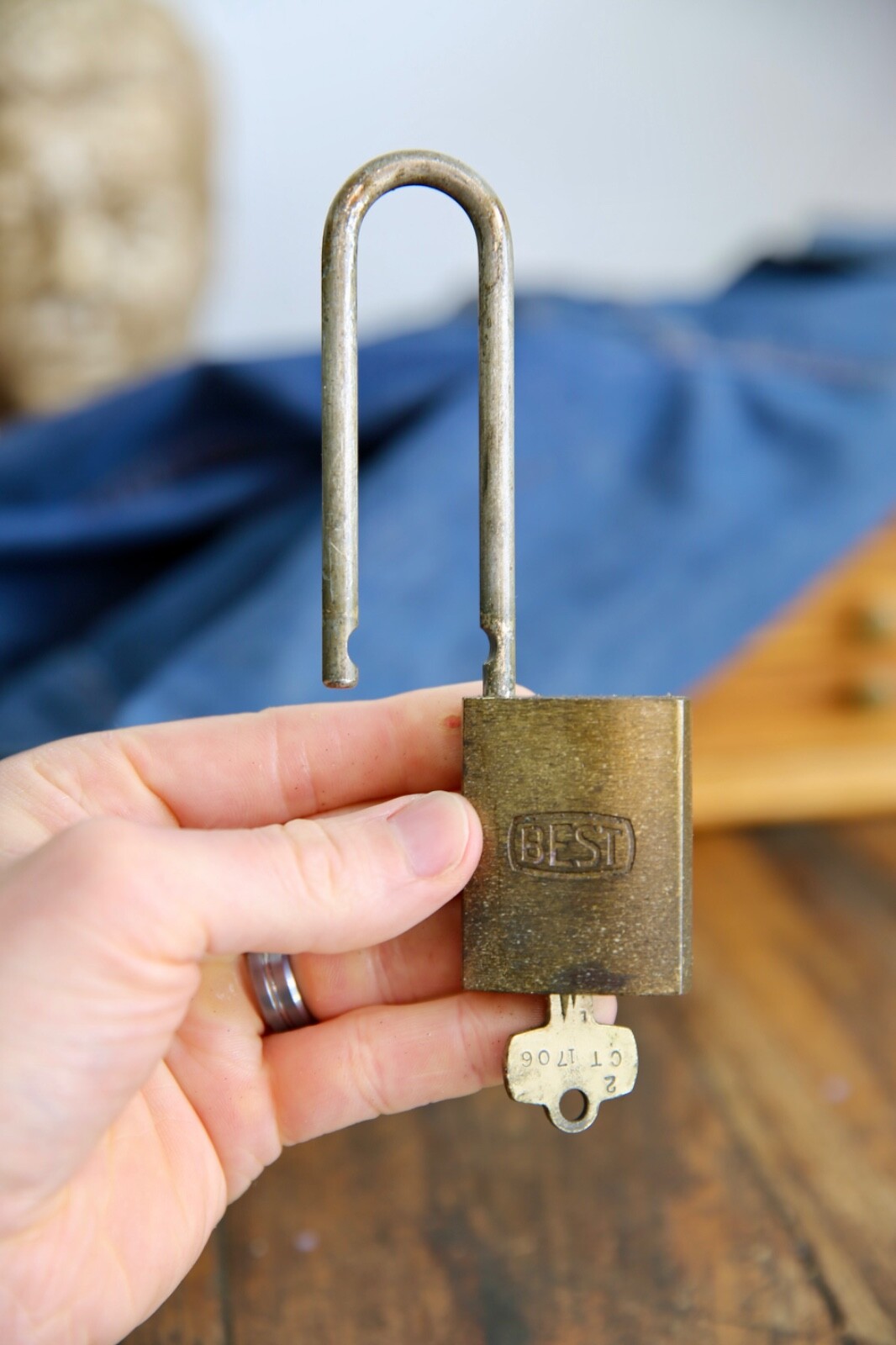 Vintage BEST Brass Padlock Safety First Antique lock w/ key old tool box locker