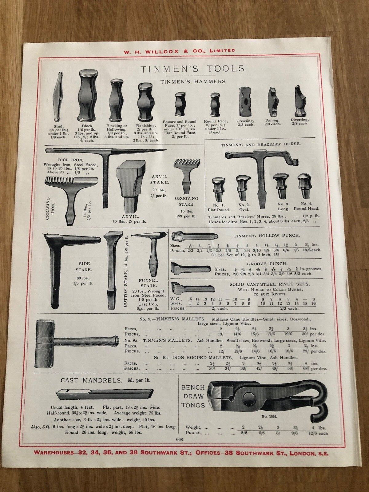 1917 w.h. willcox of london double sided print ! tinmens tools & fire pots