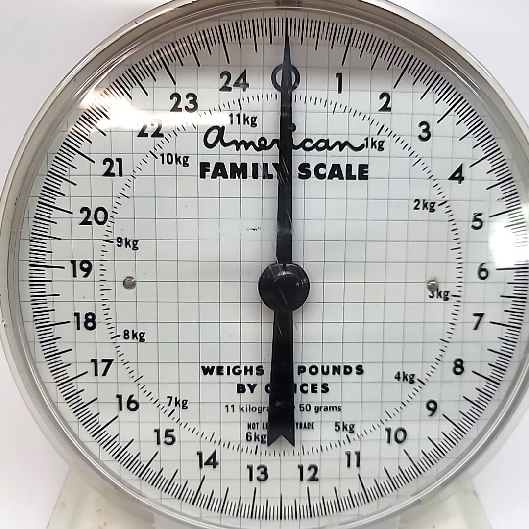 Vintage Metal White American Family Scale 25 lbs by ounces & 11 kg by 50 grams