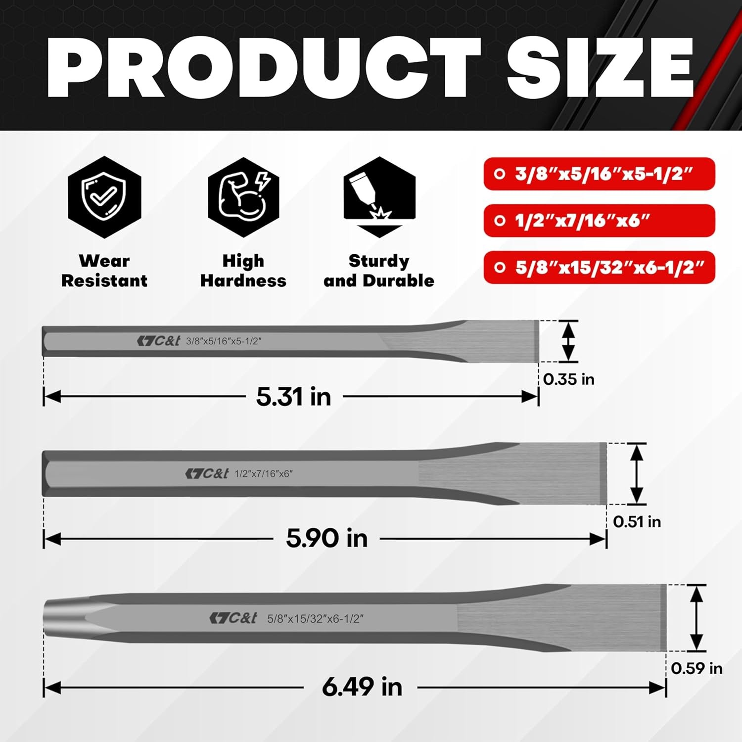 Cold Chisel Set 3 Piece Heavy Duty Steel Chisels 3/8 1/2 5/8 Inch Metal Tool