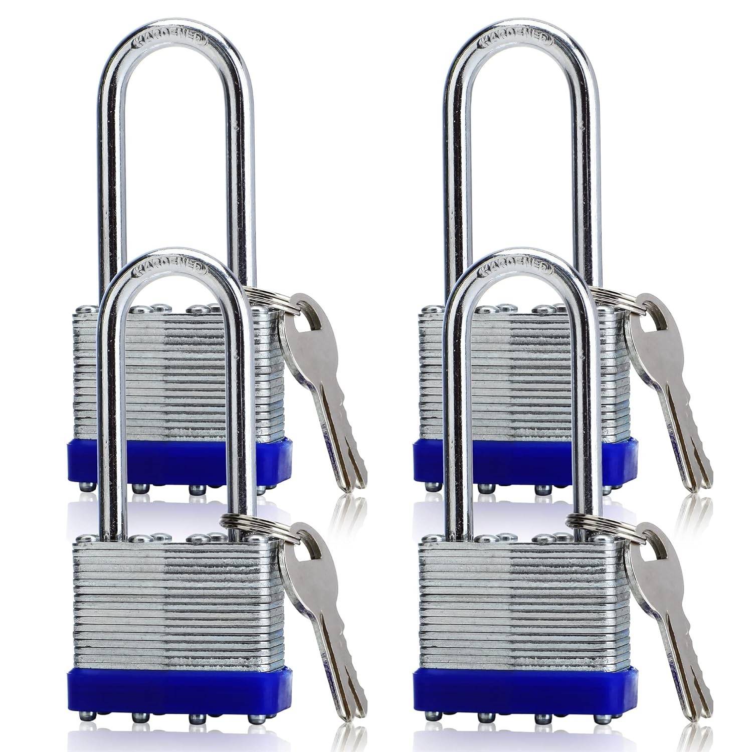 4 Pack Outdoor Padlocks Keyed Alike Long Shackle Heavy Duty Weatherproof 8 Keys