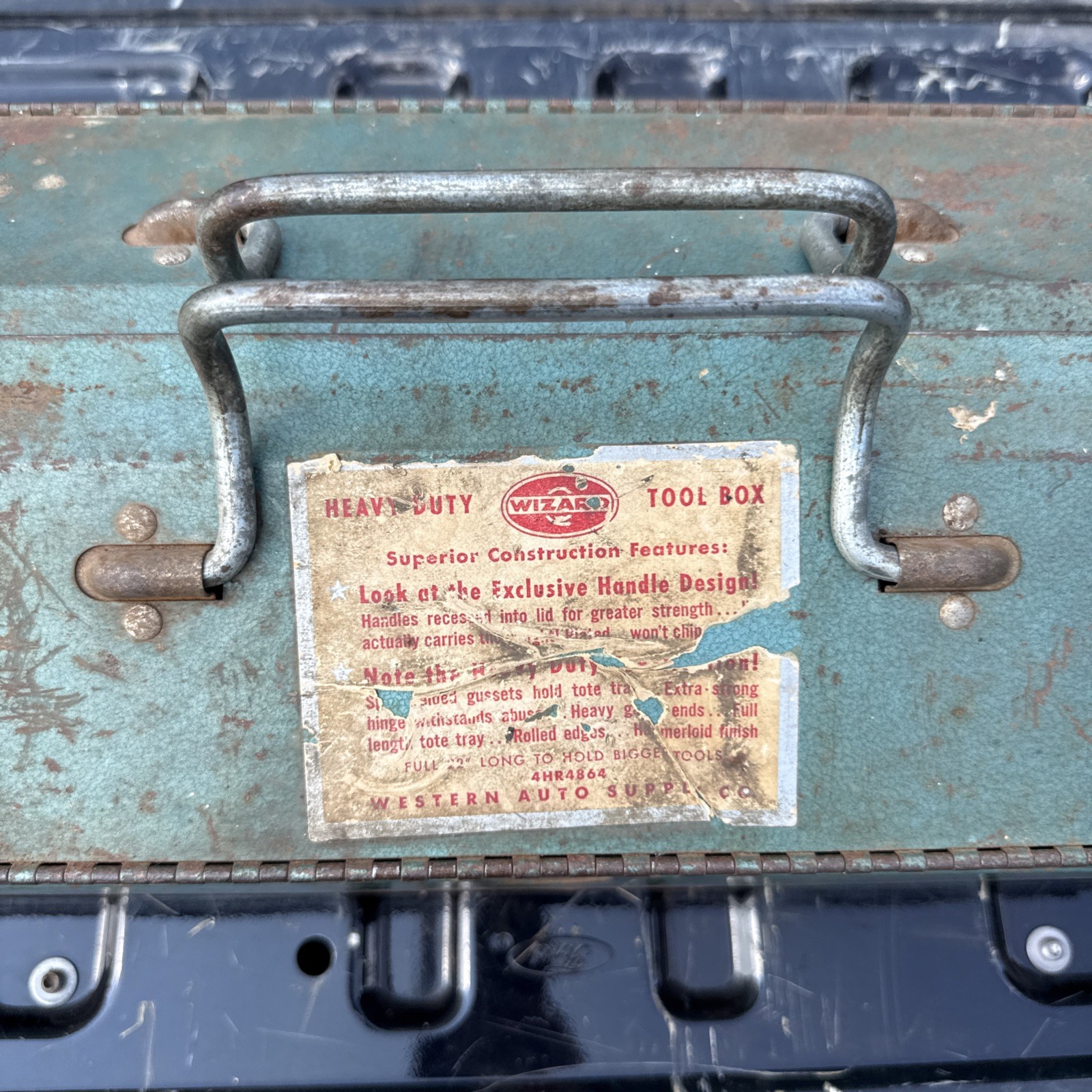 Western Auto Supply Wizard Tool Box w/ Tray 22″ Blue Green Metal Vintage