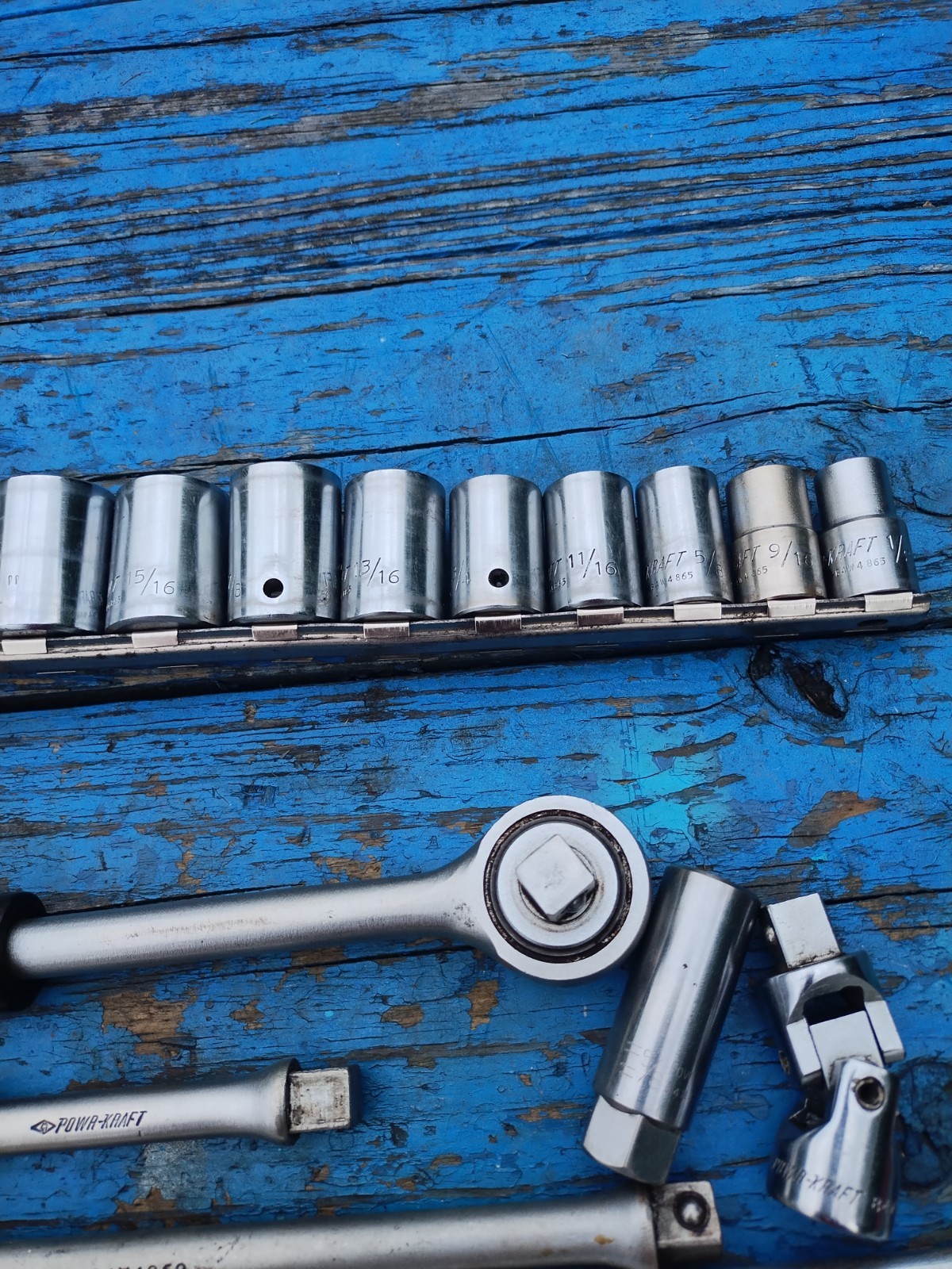 Vintage Power Kraft 1/2″ Drive, 12 Point Socket Set w/ Ratchet, Exts, Etc Read