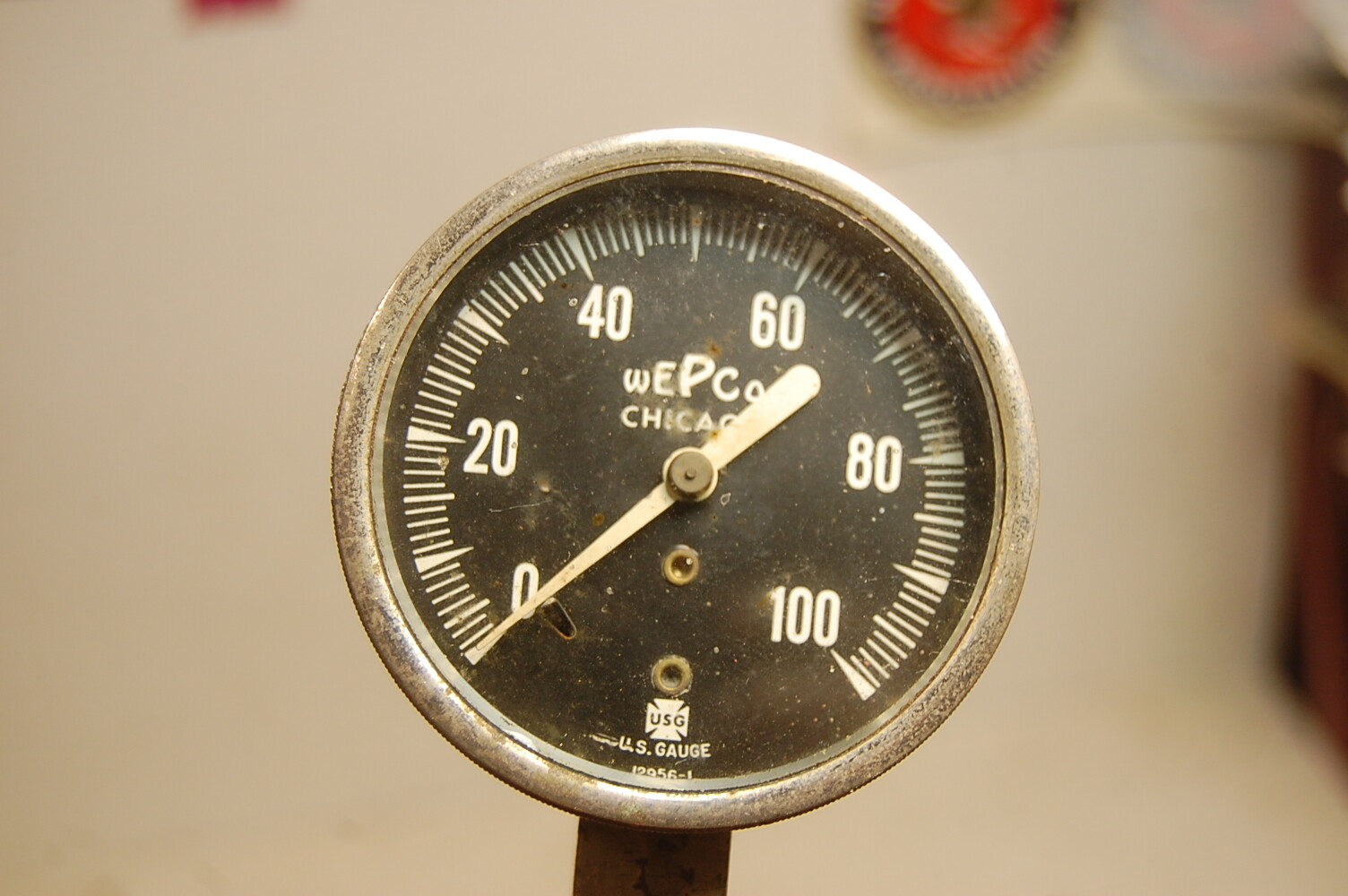 Vintage Wepco Industrial Pressure Gauge 2 1/2″ 0-100 PSI black face beveled chro