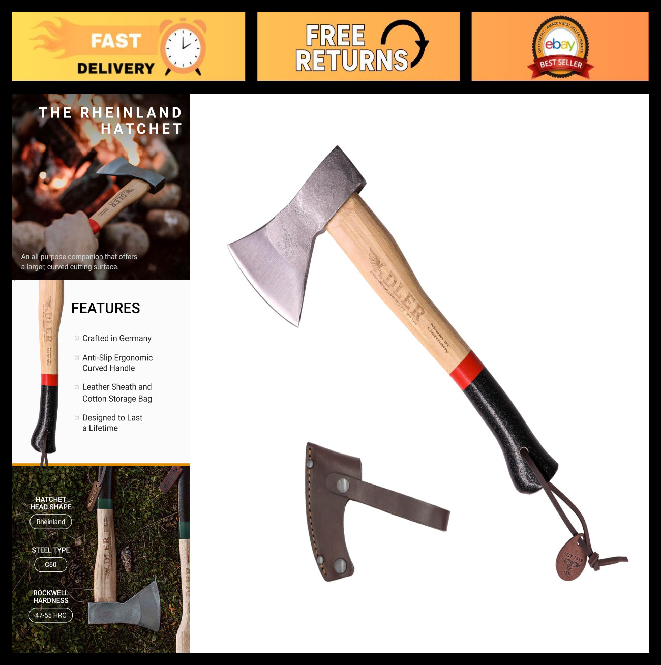 German Forged Camping Hatchet – 14″ Hickory Handle, C60 Steel Axe w/Leather Shea