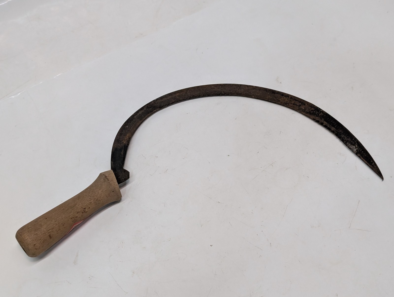 Vintage VIC wood handled steel blade sickle farm hand tool, made in Austria