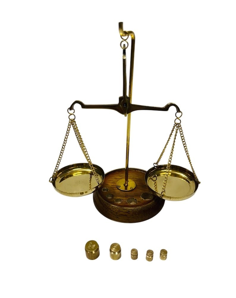 Nautical Brass Balance Scale Set with Wooden Base and Weights