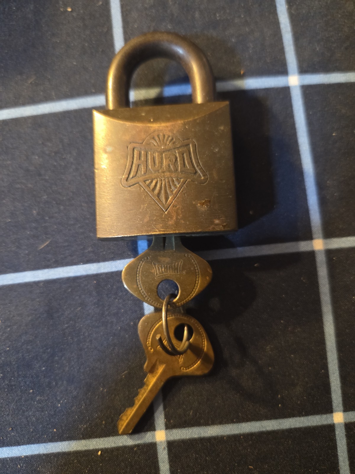 Vintage Small WWII HURD Brass Padlock Lock w/ 2 Original Brass Hurd Key