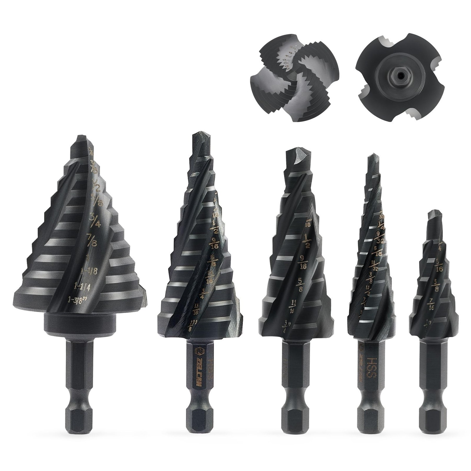 ZELCAN Step Drill Bit Set, 5PCS Four Spiral Flute Step Bits for Metal, 50 Siz…