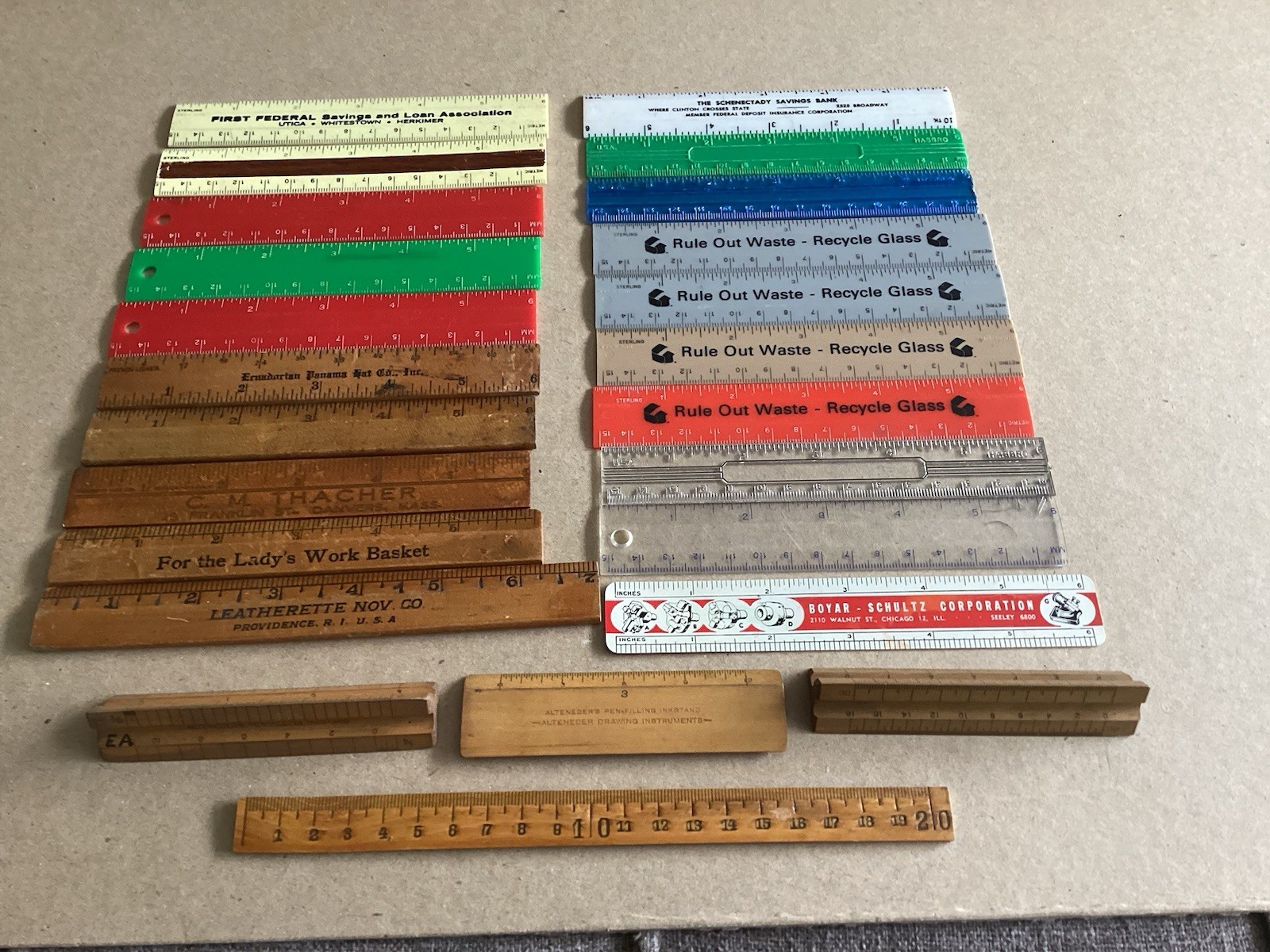 Lot 19 Six Inch Plastic Wooden Rulers & 7” 20” & 2 Draftsmen Triangle Ruler