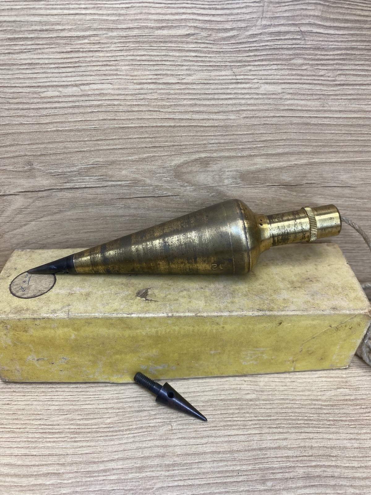 Vintage B.K. Elliott Co No. 12 12 oz Brass Plumb Bob Steel Tip w/ Original Box
