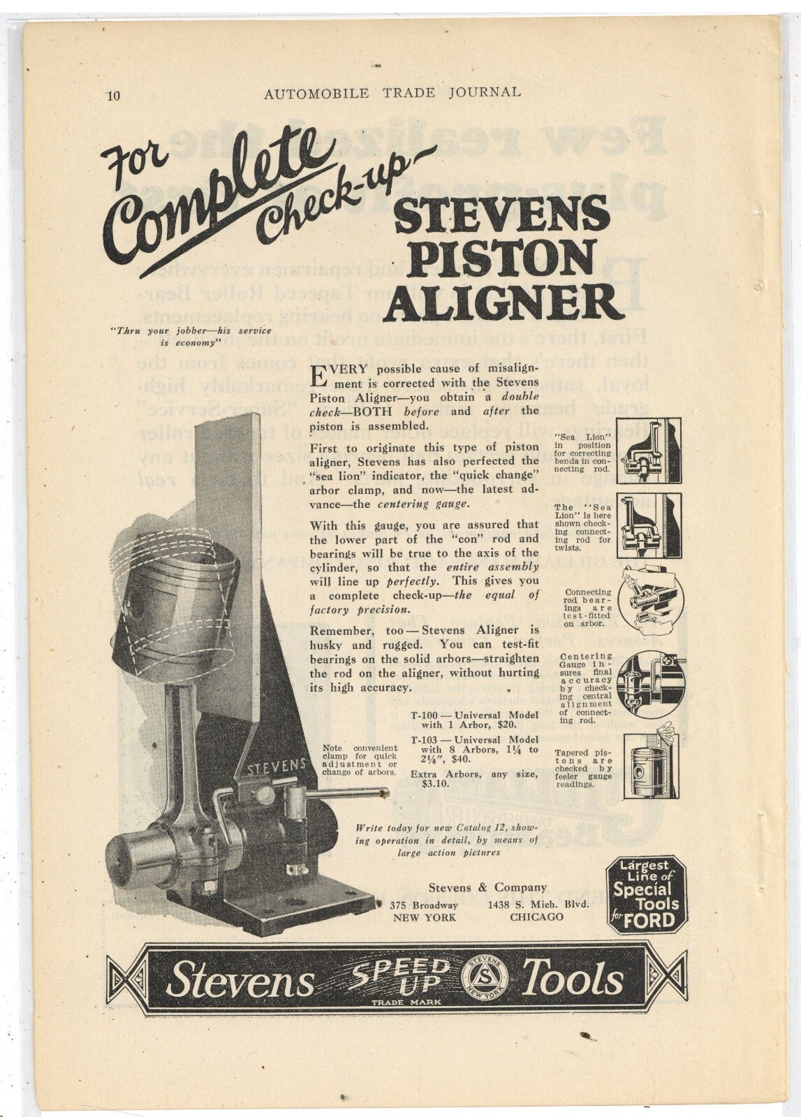 1925 Stevens & Co. Ad: Stevens Speed Up Tools – Piston Aligner – New York City