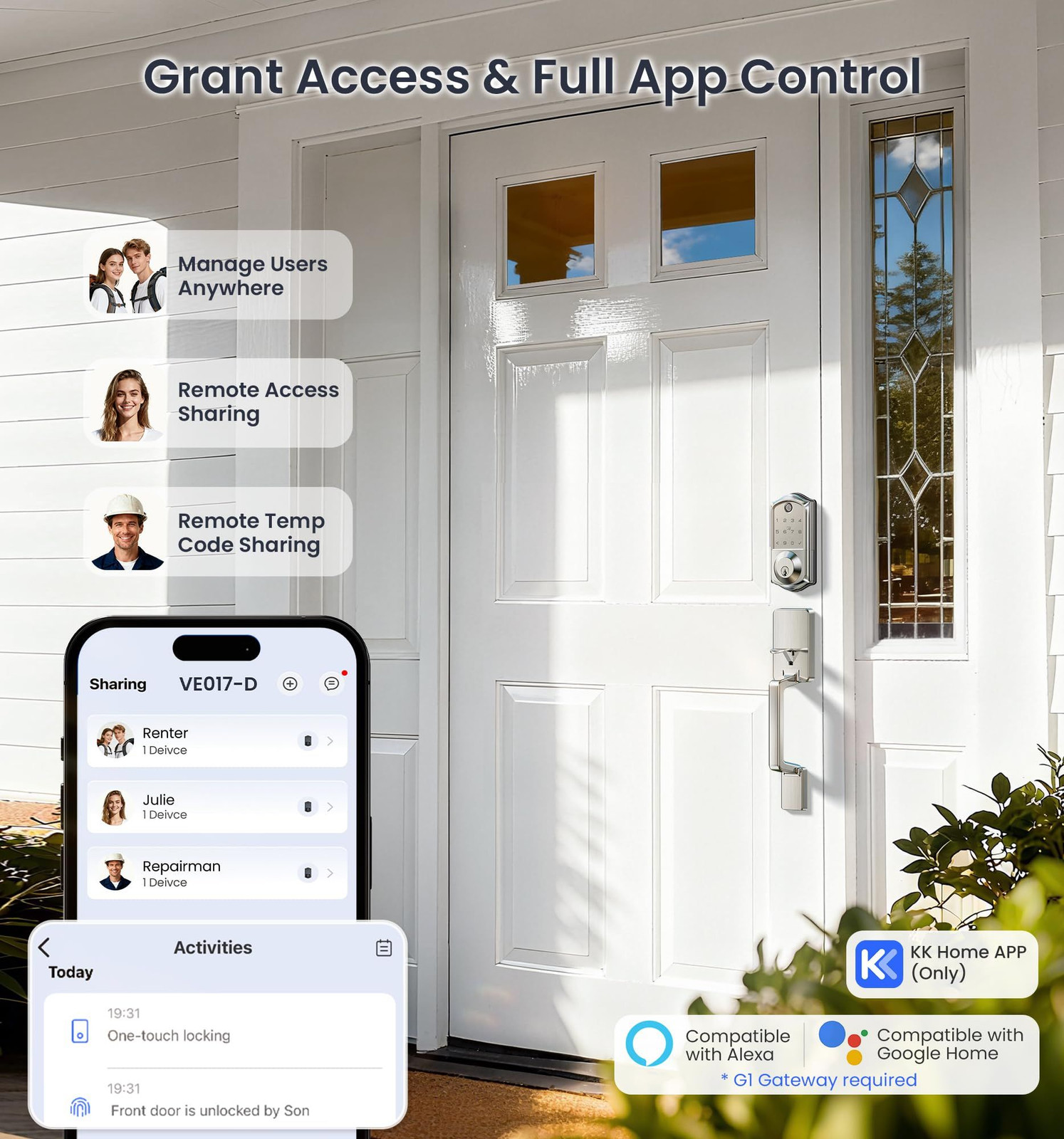 Veise VE017-D Smart Fingerprint Front Door Lock Set, App Satin Nickel