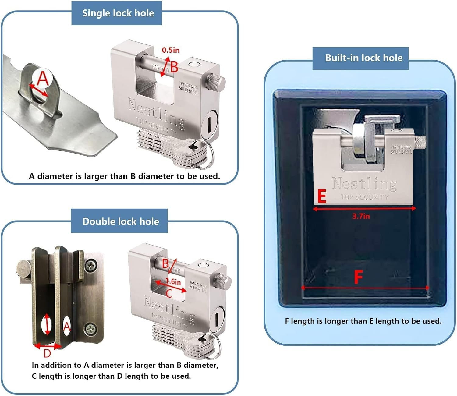 94Mm Padlock with Key, High Security 5 Keys Heavy Duty 1.1 KG D-Shaped Solid Bra