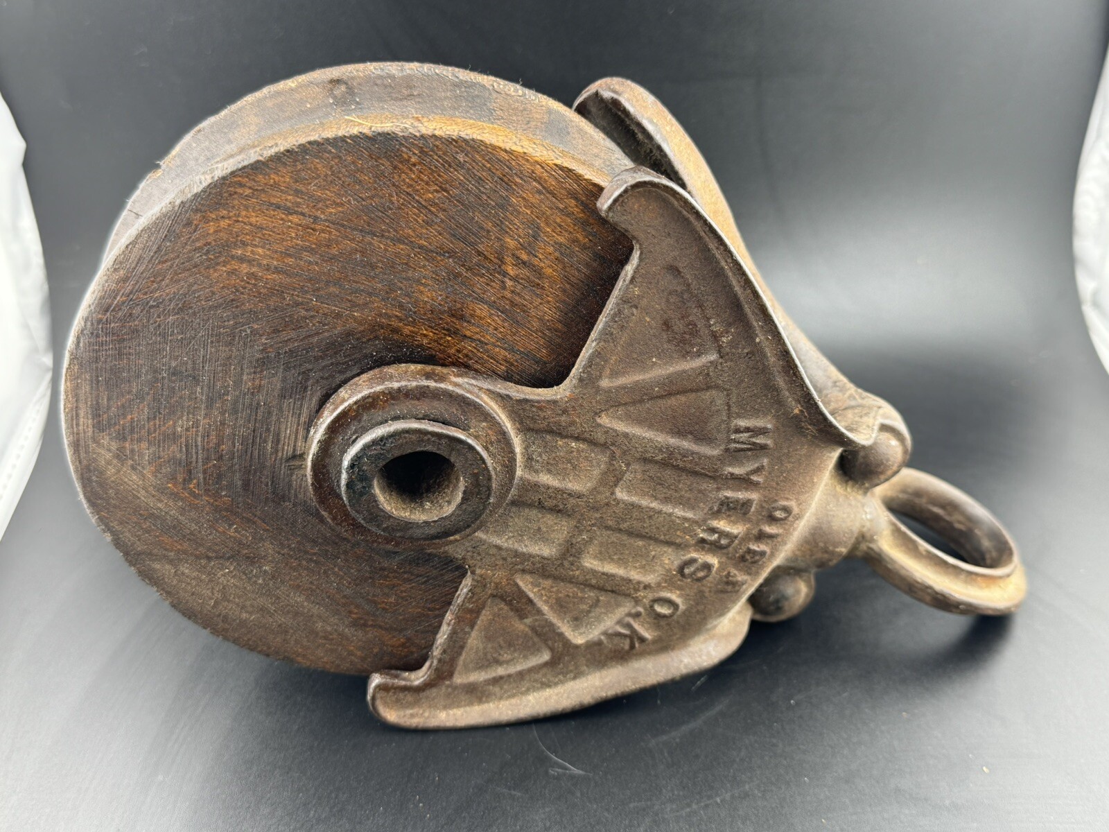 Vintage Myers O.K. Farm Barn Hay Pulley H-311 Cast Iron w/ Wooden Wheel