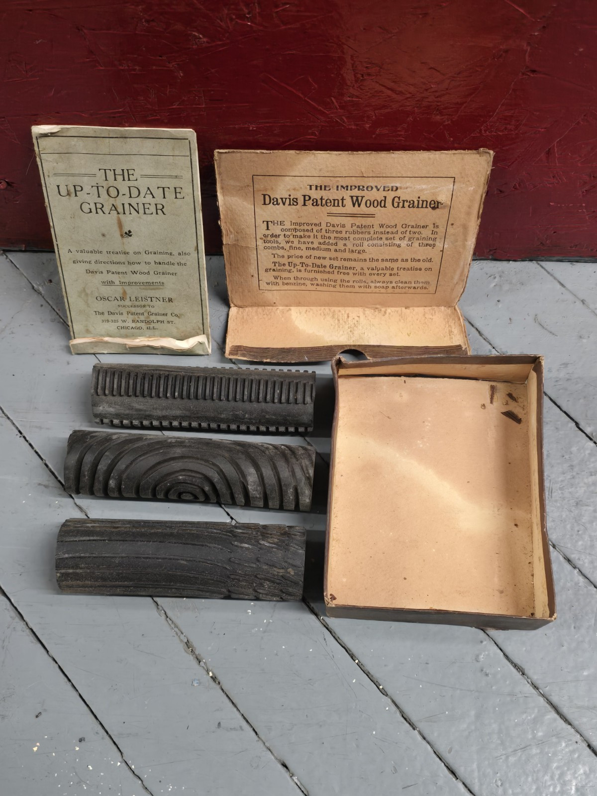 Antique Davis Patent Wood Grainer Box Set Pattern Graining Roller Tool In Box