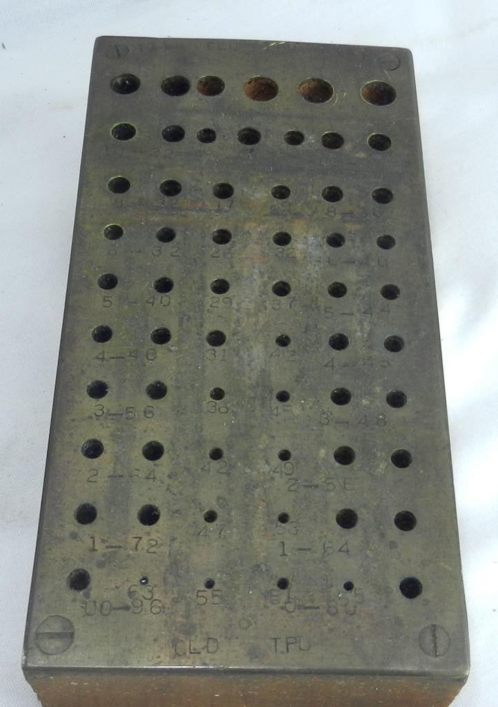 Vintage Tap CLD TPD Drill Block Metal Stand Holder Holds 58 Brass Top Wood Base!