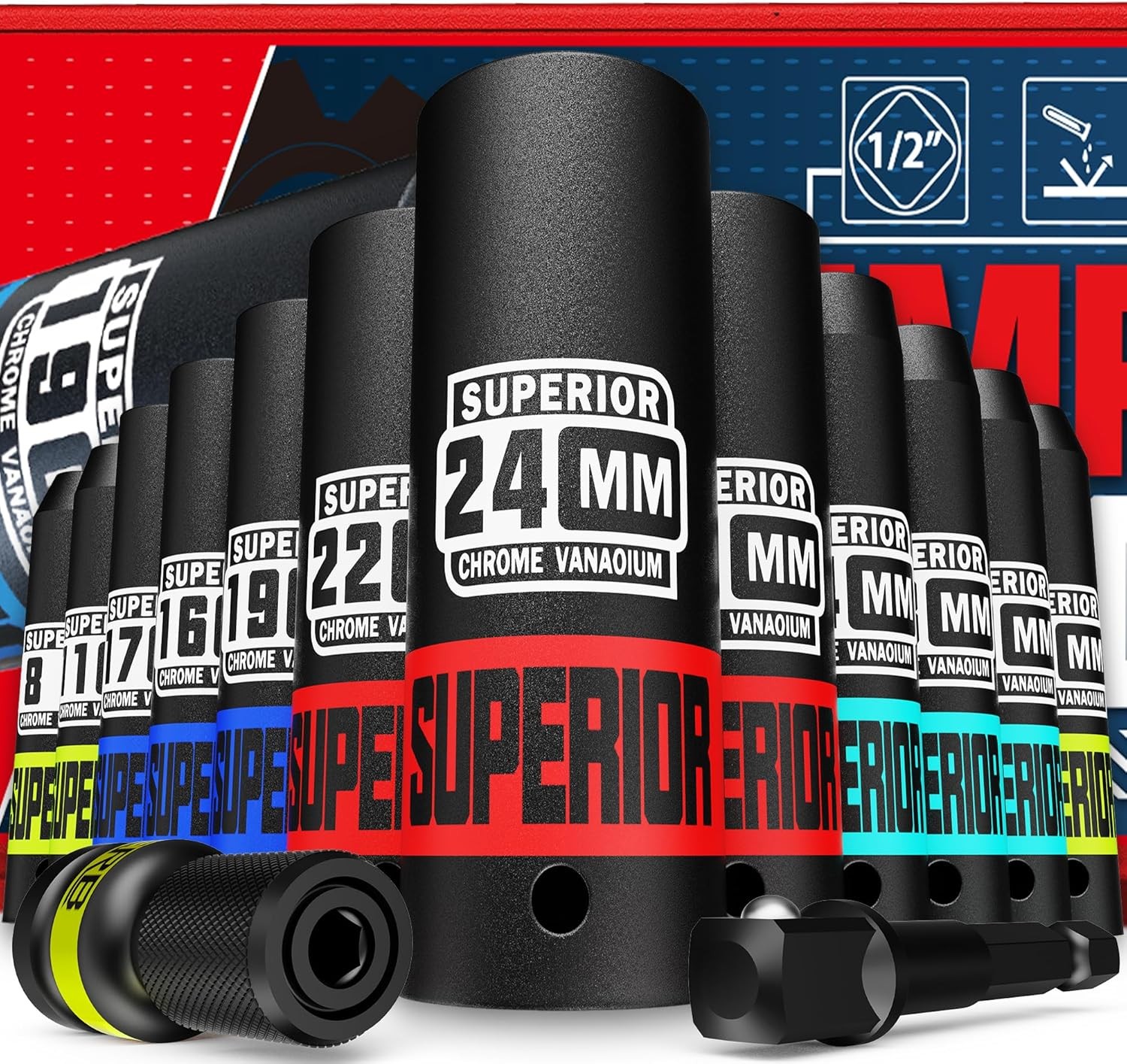 14 Piece 1/2″ Drive Impact Socket Set, 8 mm – 22 mm Deep Socket, Metric Socket