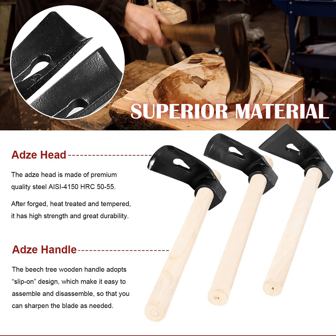 Straight&Big Curve Adze,Small Curve Adze for Woodworking Tool Log Carving Tools