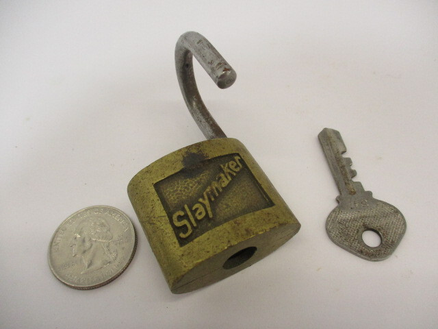 SLAYMAKER PADLOCK and Key # 547 Brass Body Light Duty Use Vintage Antique VGC