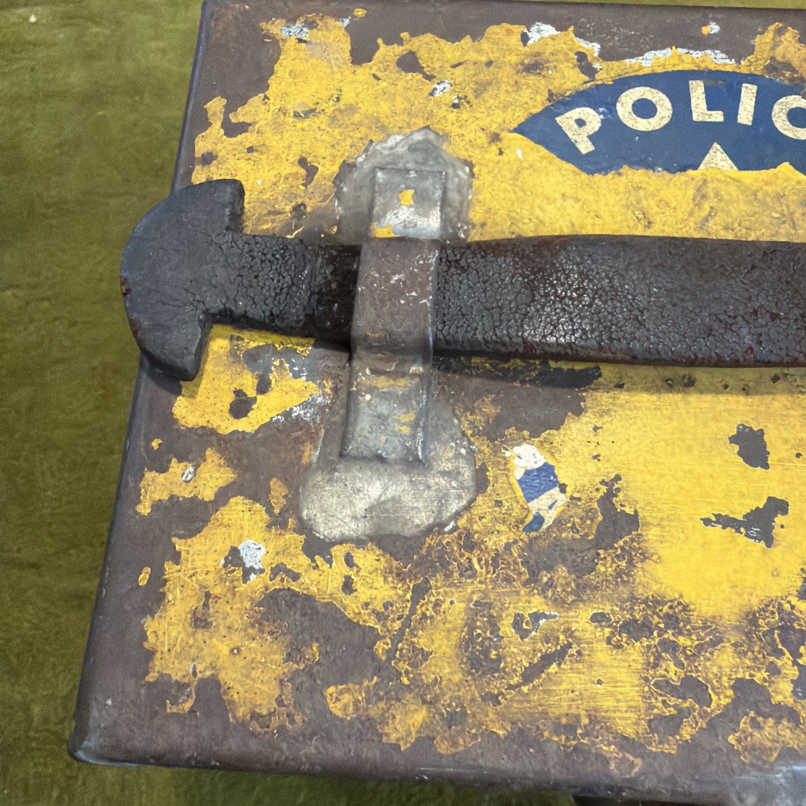 Vintage Metal Box with a Latch and a Police Decal