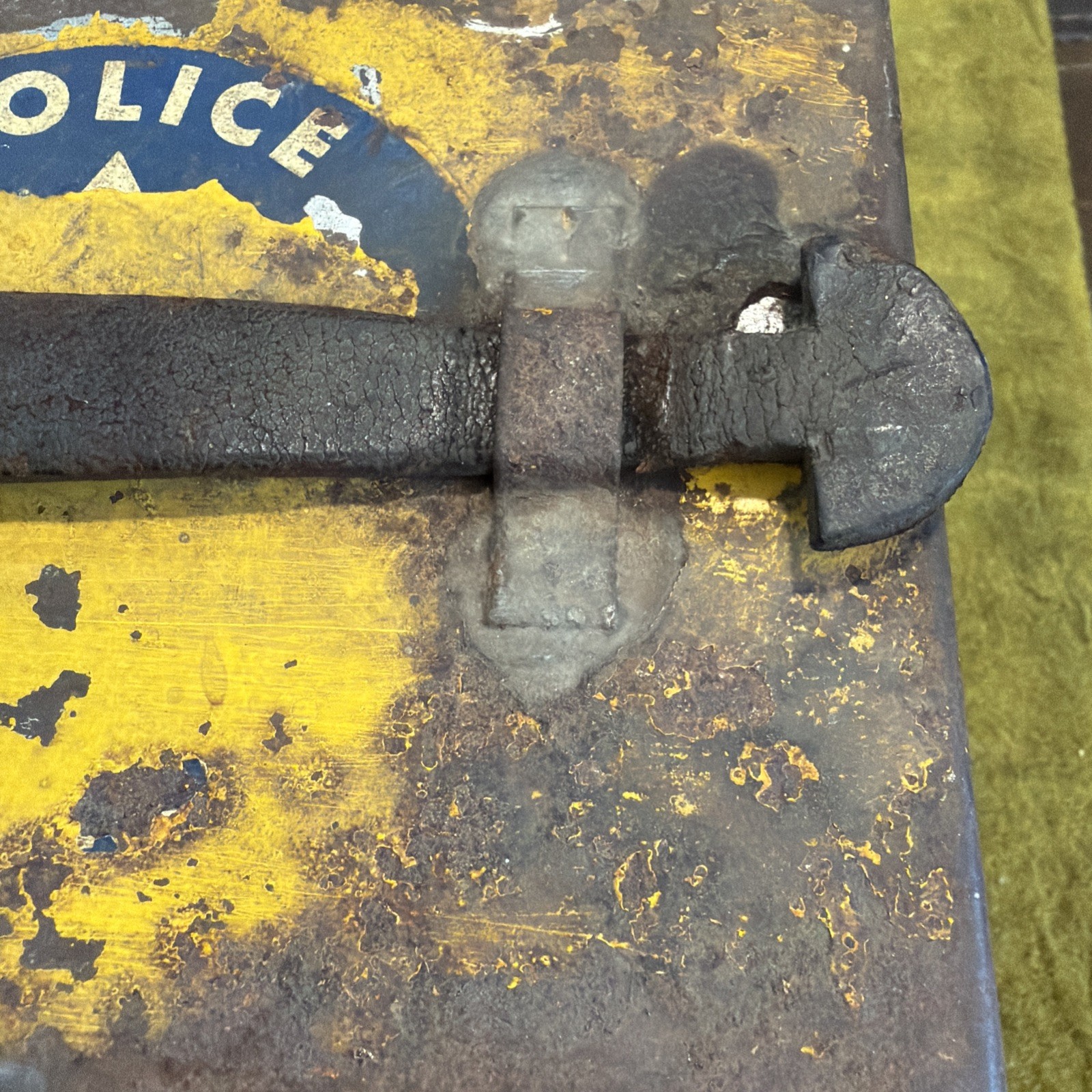 Vintage Metal Box with a Latch and a Police Decal