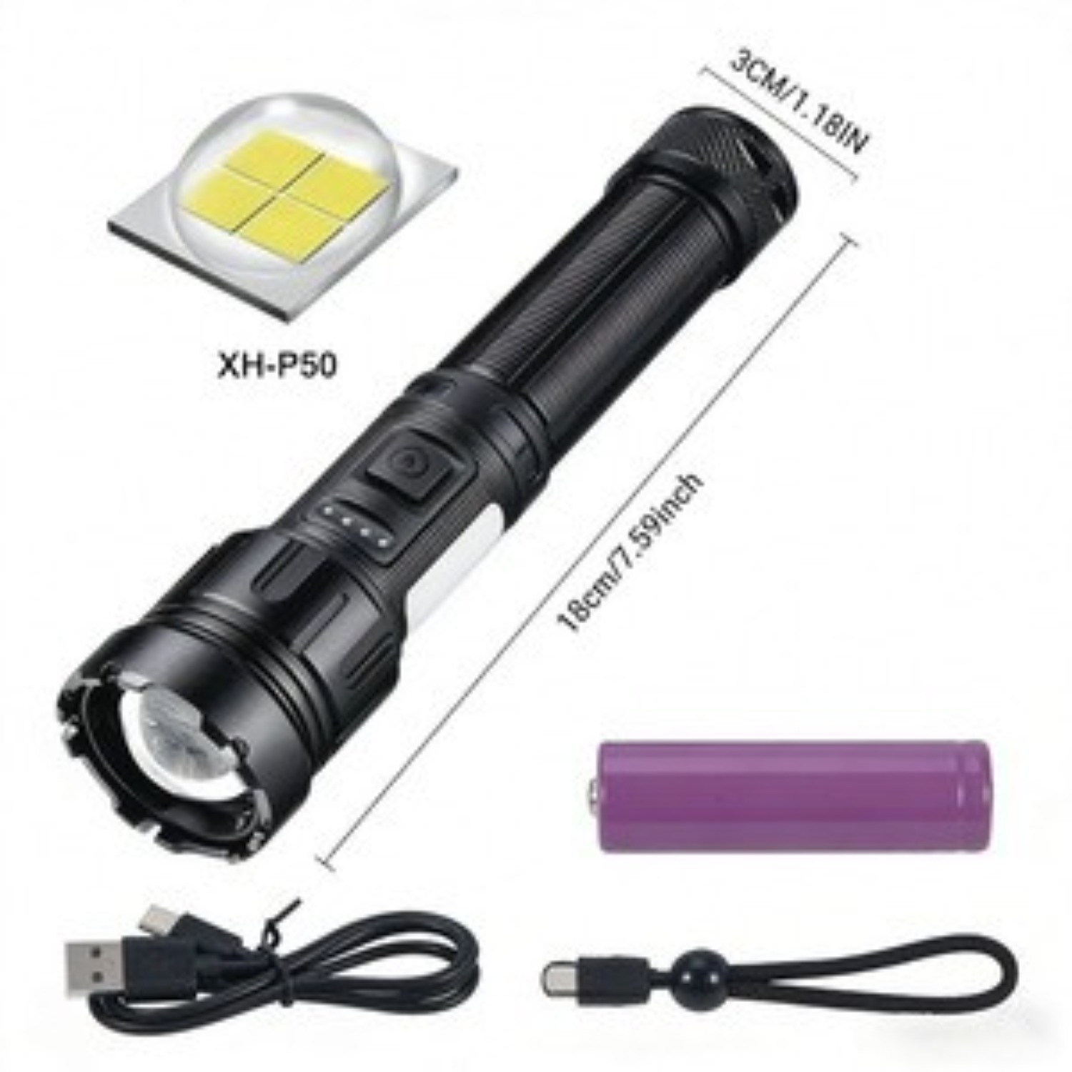 Multifunctional COB Flashlight Zoomable Type C Rechargeable Magnetic