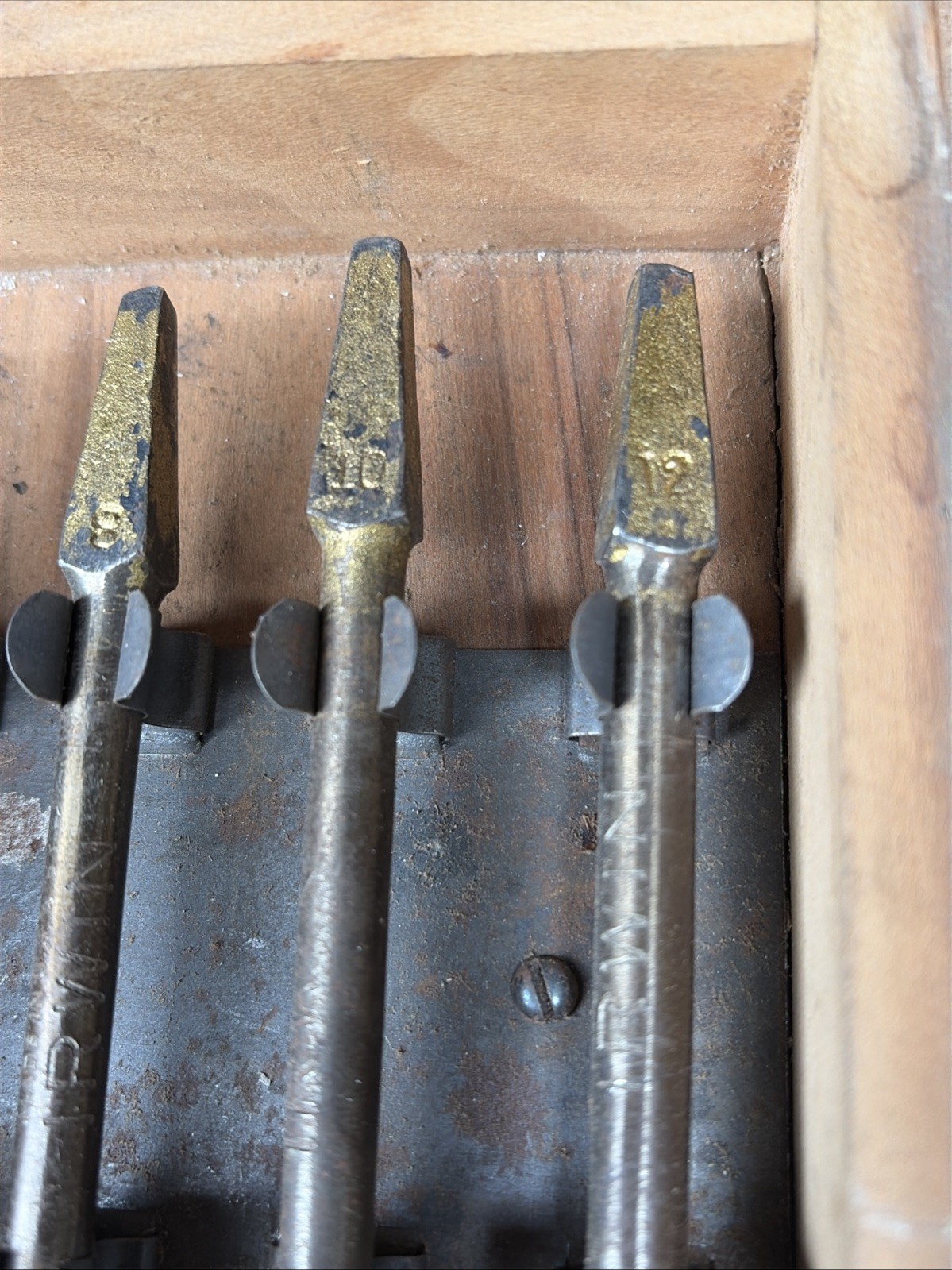 6 Pcs Vintage Irwin Auger Bit Set In Wooden Storage Box # 12, 10, 8, 6, 5, 4