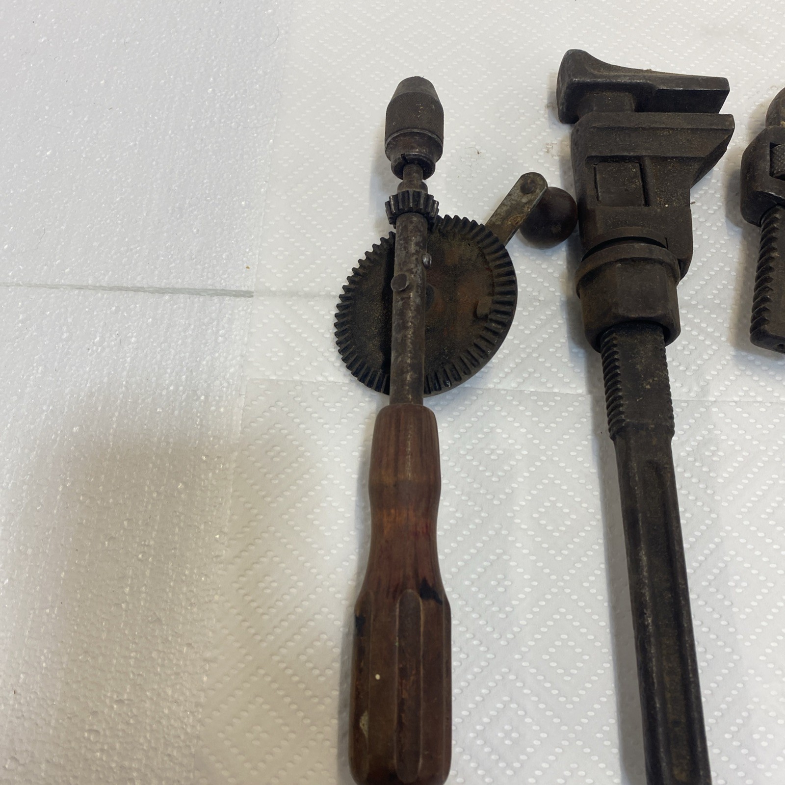 Lot of 2 Antique Adjustable Wrenches 1 drill & 4 Auto or Farm wrenches