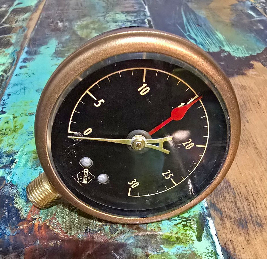 Vintage Antique Ashcroft Steam Gauge with Beveled Glass, Brass Ring, Black Face
