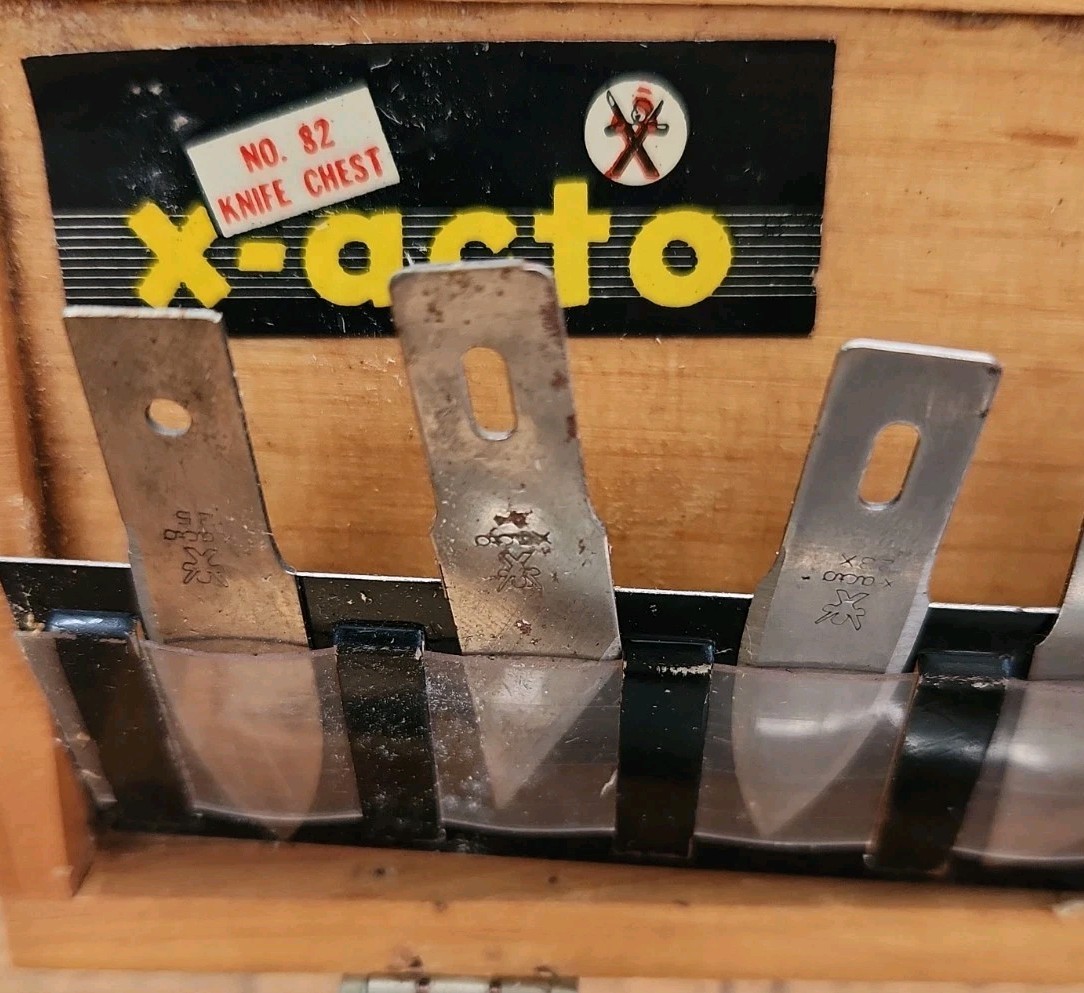 Vintage Set Of X-Acto Knives & Tools In Wooden Box 3 Handles 11 Blades USA