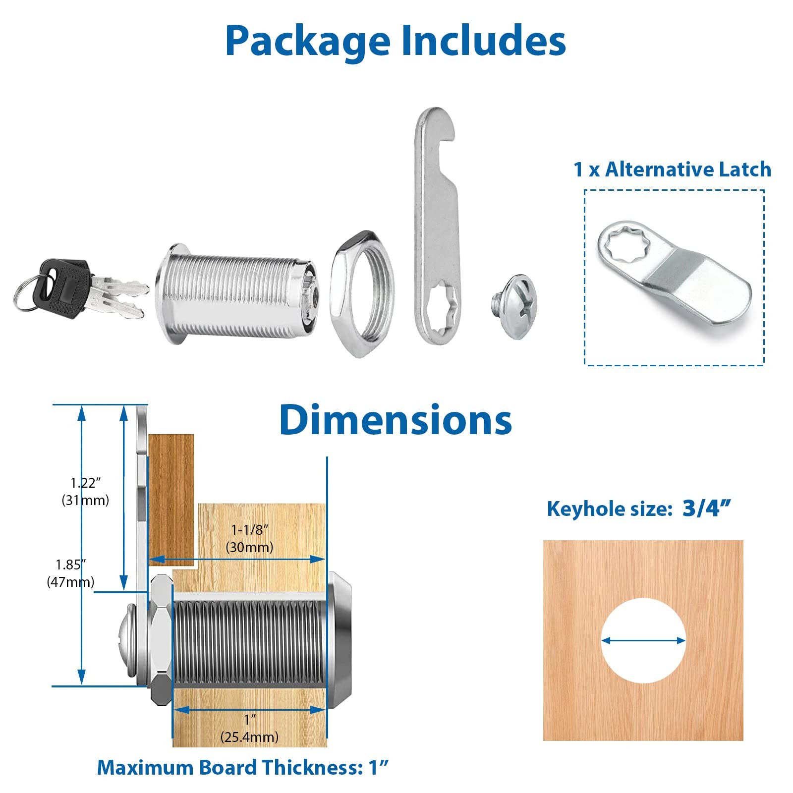 goldenwarm Keyed Alike, Cabinet Cam Lock 1-1/8 Inch File 1-1/8″,