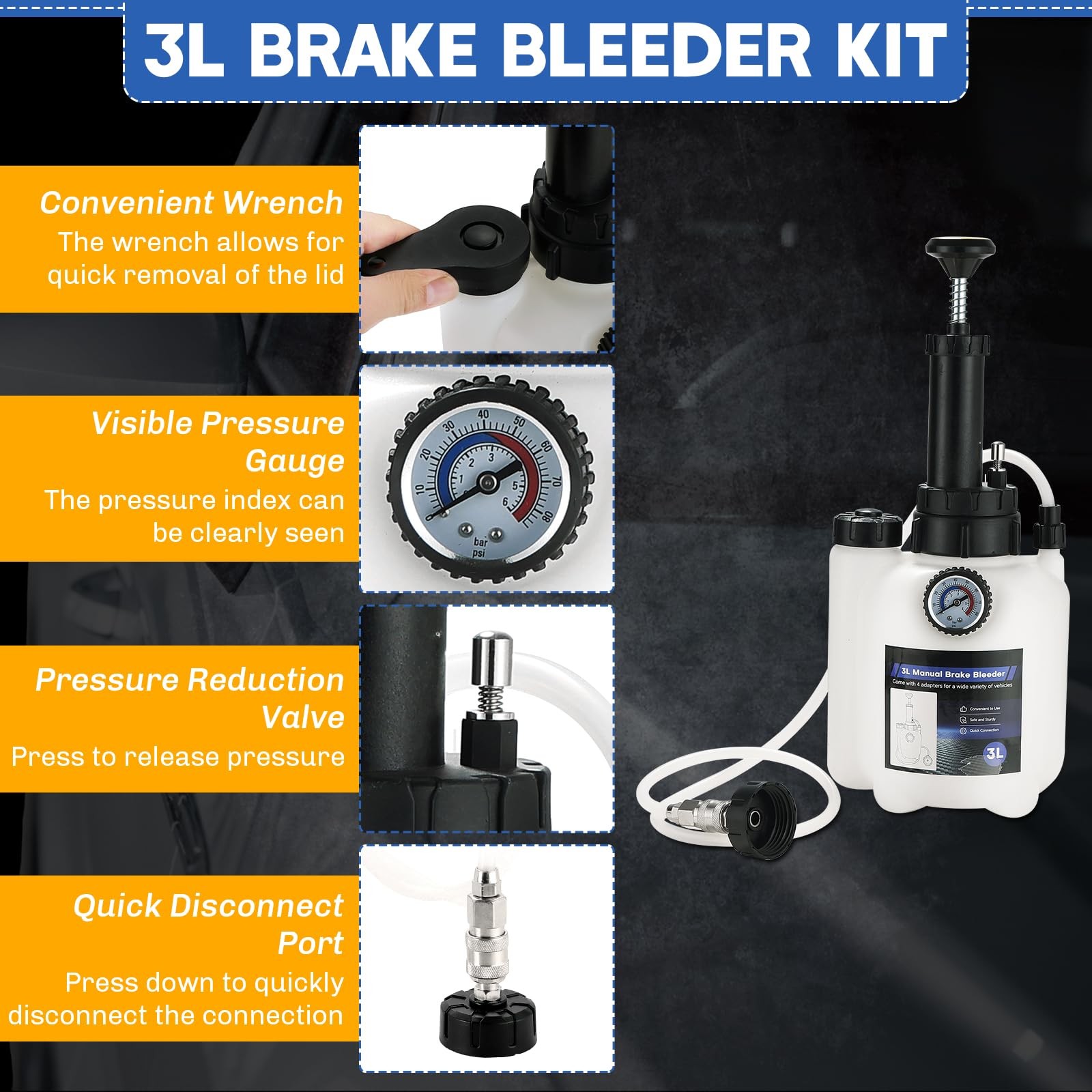 3L Manual Brake Bleeder Kit | One-Person Brake Pressure Bleeder Kit with 1L B…