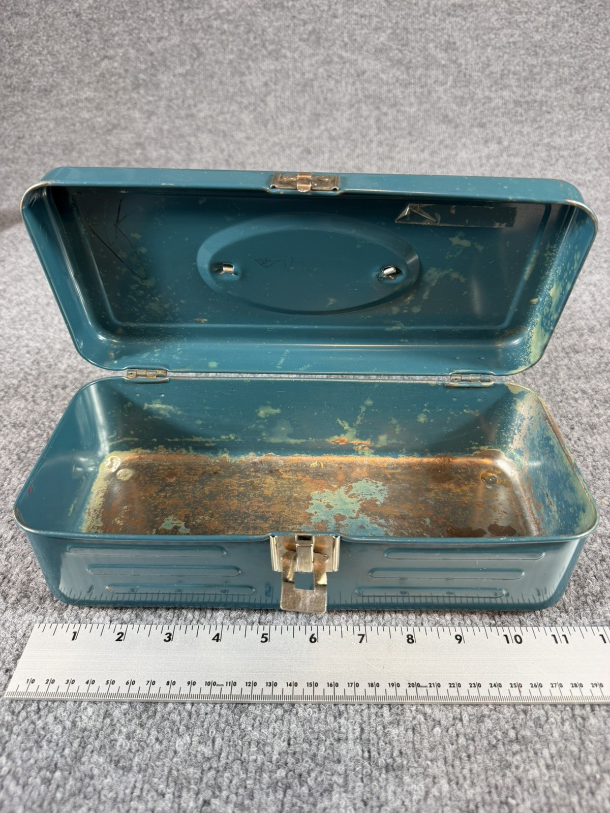 Vintage Union Steel Teal Toolbox w/Handle 5.25″x11.5″x4.25″ Union Model 2011