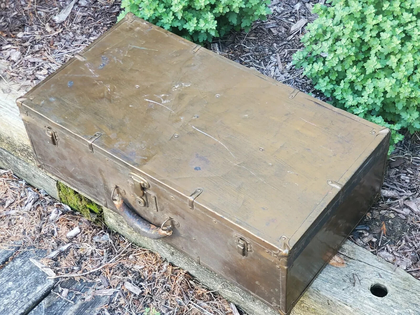 BOELTER Toolbox Trunk Storage Box Suitcase Vintage 13.75x26x8 Steel Covered Wood