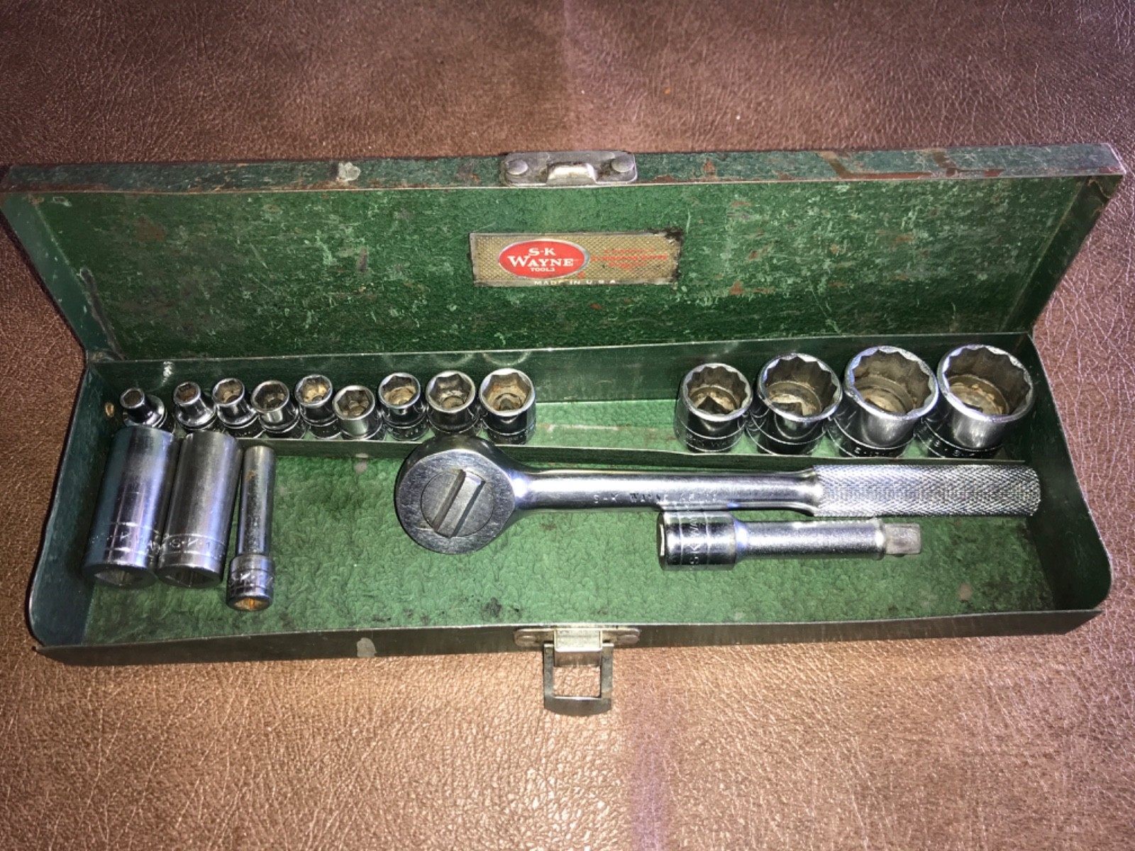 Vintage S-K WAYNE 18 pcs. 1/4” & 3/8” Drive Sockets w/Ratchet, Extension & Case