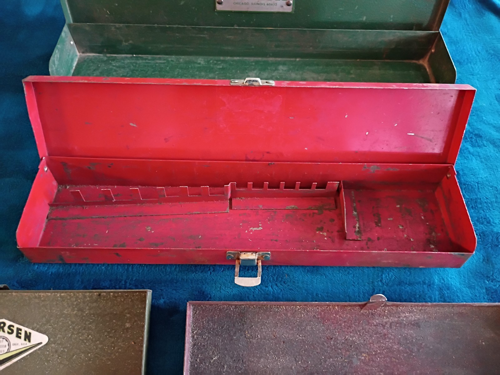 Lot Of 4 Vintage Small Metal Tool Boxes Collectible S-K TOOLS, THORSEN.
