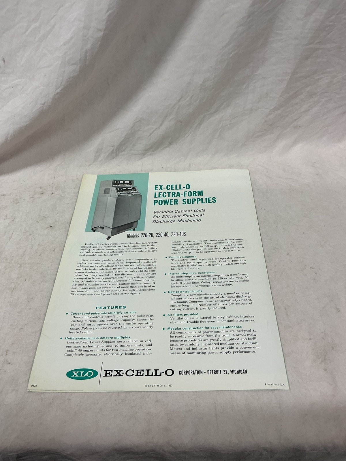 Vintage Ex-Cell-O XLO Lectra Form Model 244-A EDM Machine Bulletin I2C Pamphlet