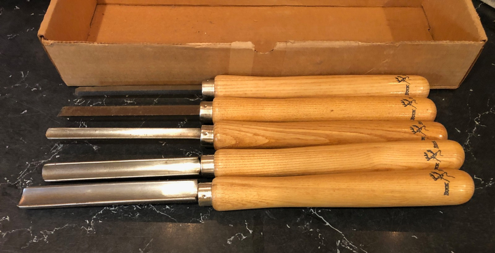 A Set of 5-Vintage Buck Brothers Carving Chisel Set in the Original Box.
