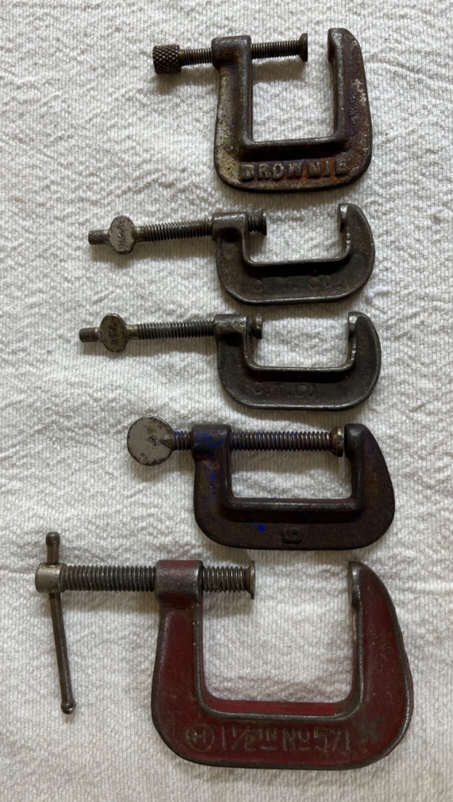 Lot of 5 Vintage C-Clamps/ Various Sizes/ Brownie/ Cin. Tool Co.