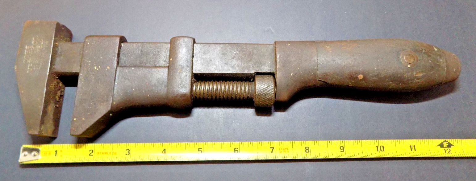 Monkey Wrench Coes Vintage Antique 12″ Adjustable Wood Handle Early 1900’s USA