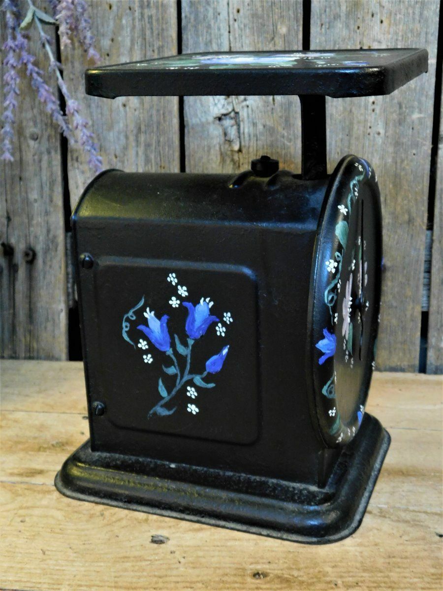 Antique Primitive Kitchen Scale Hand Painted Folk Art Blue Flowers