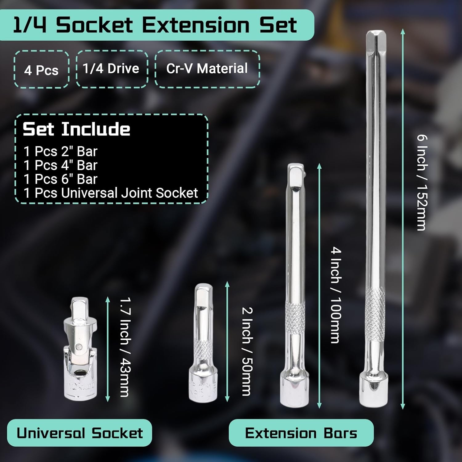 1/4 Inch Socket Extension Set 4 Pcs CR-V Ratchet Extension Bars 2 4 6 Inch