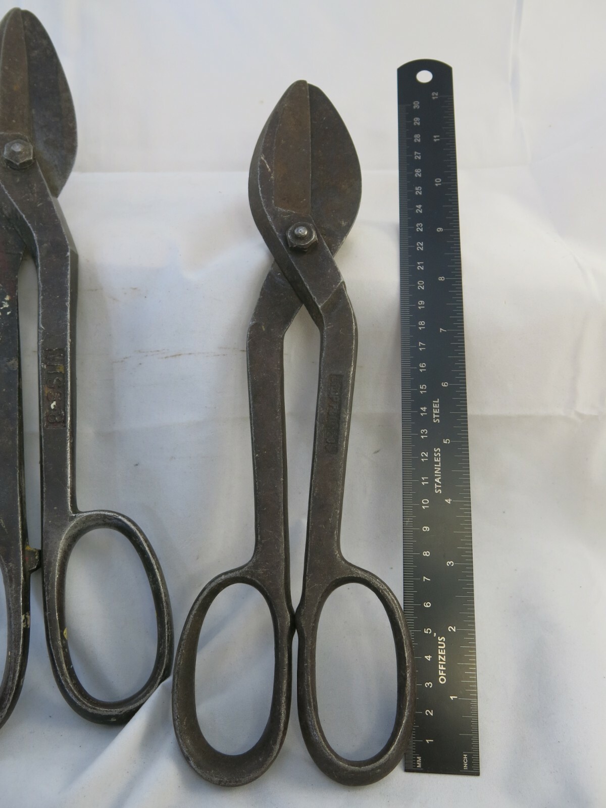 TWO Vintage Tin Snips Metal Shears Solid Steel 12” & Weiss 14” Forged Steel