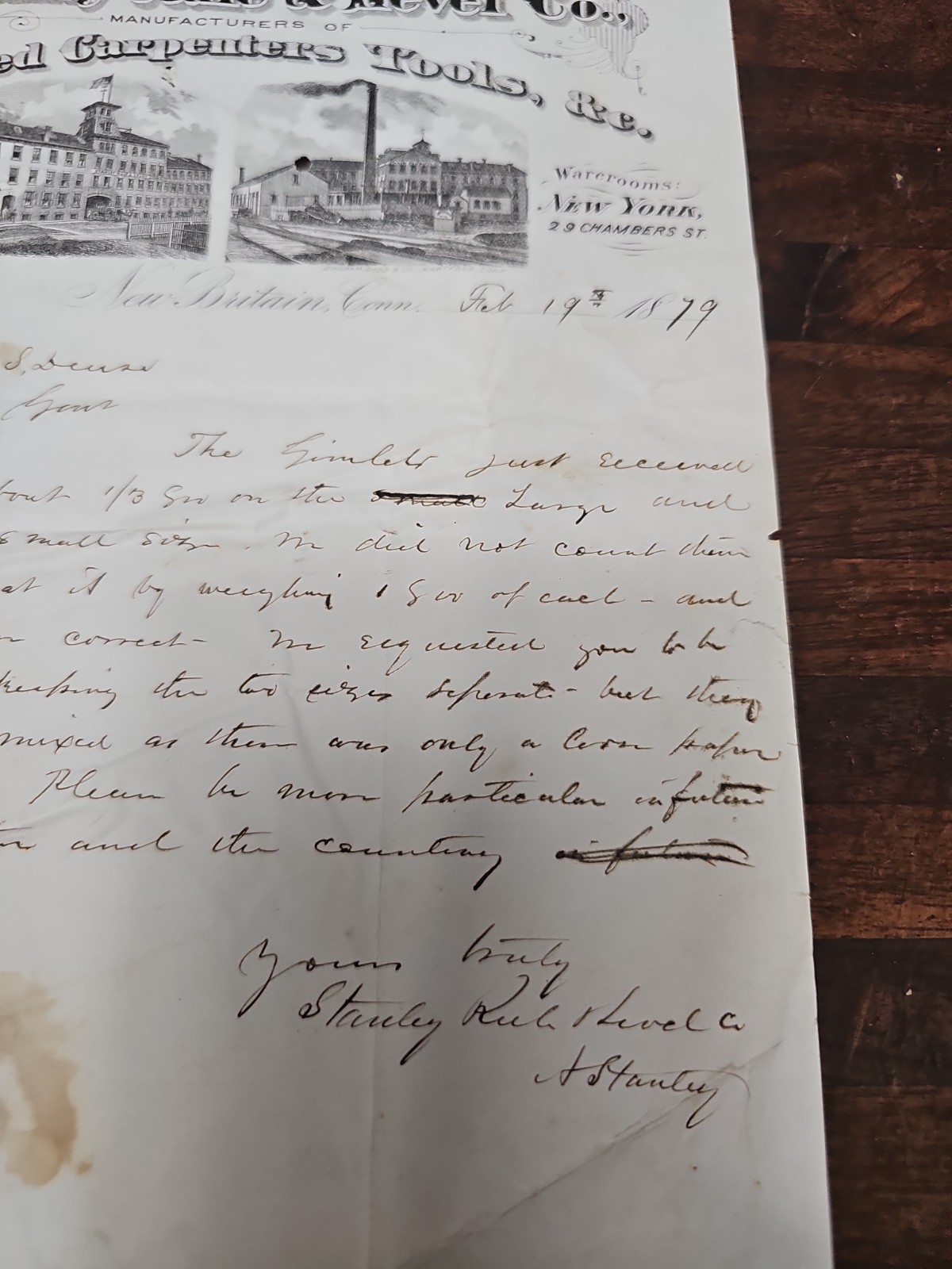 P73- ANTIQUE DATED 1879 STANLEY RULE & LEVEL signed A. STANLEY Letter