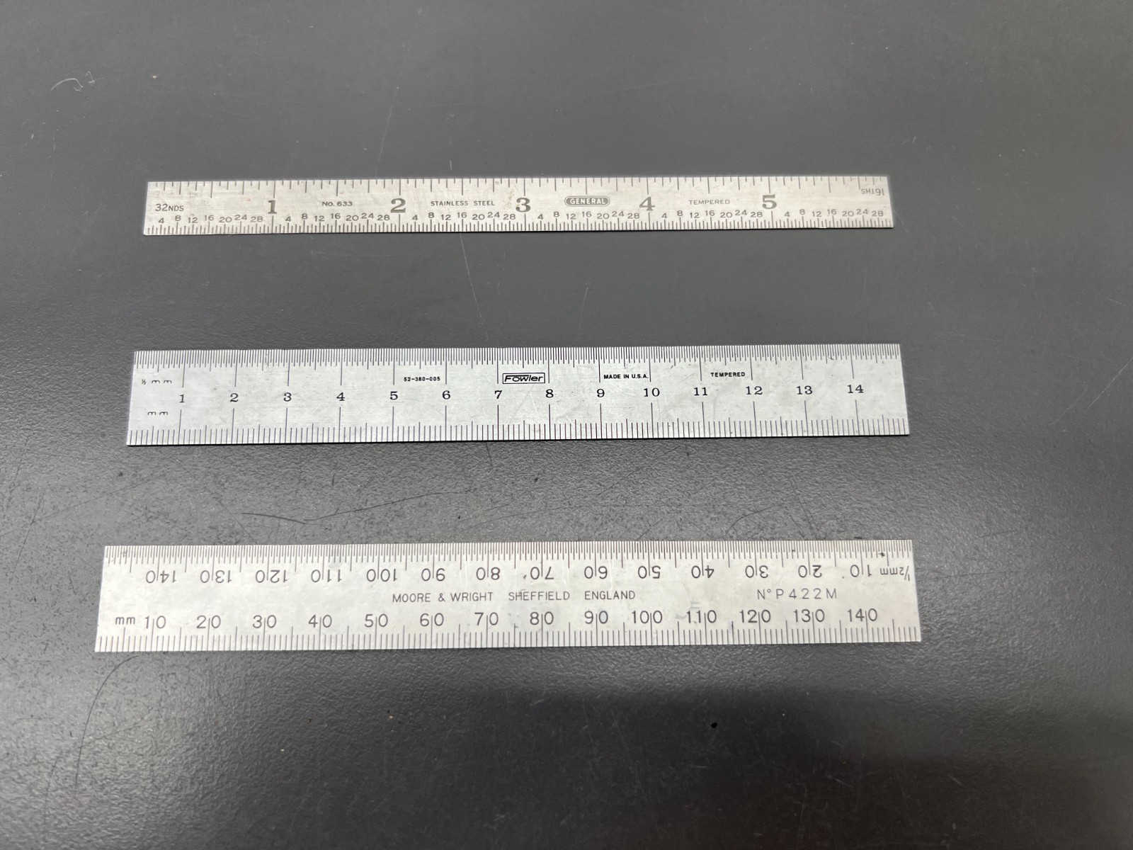 VINTAGE MOORE & WRIGHT FOWLER GENERAL 3pc MACHINIST STEEL RULE SET – USA