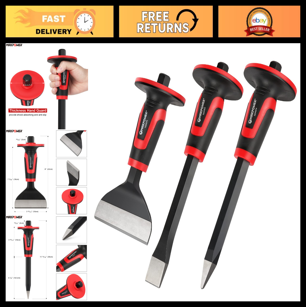 Masonry Chisels Set – 11″ Point & 8″ Flat Brick Chisel, Thick Hand Guards for De