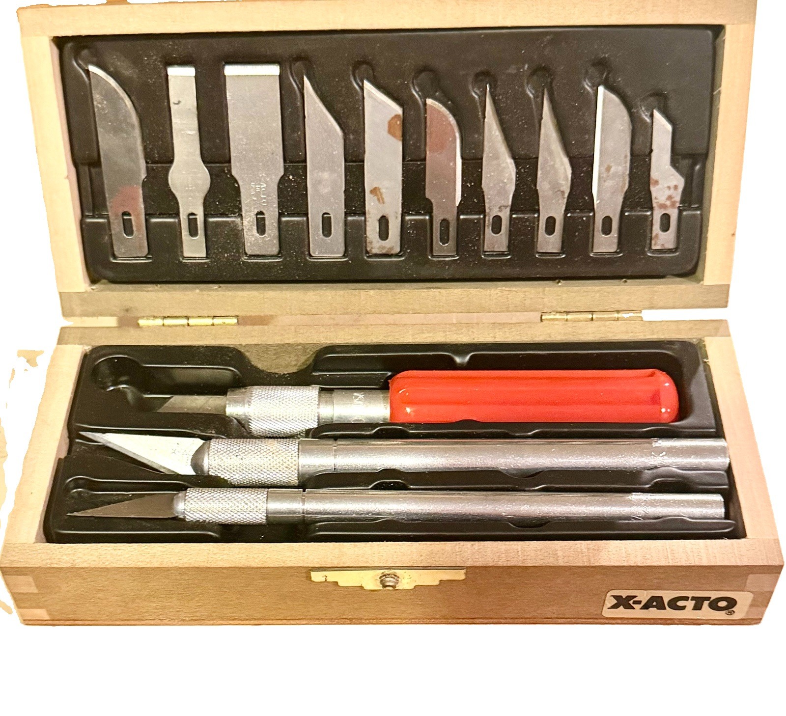 Vintage X-ACTO Deluxe Hobby Knife Set Wood Box Complete 3 Handles 10 Blades