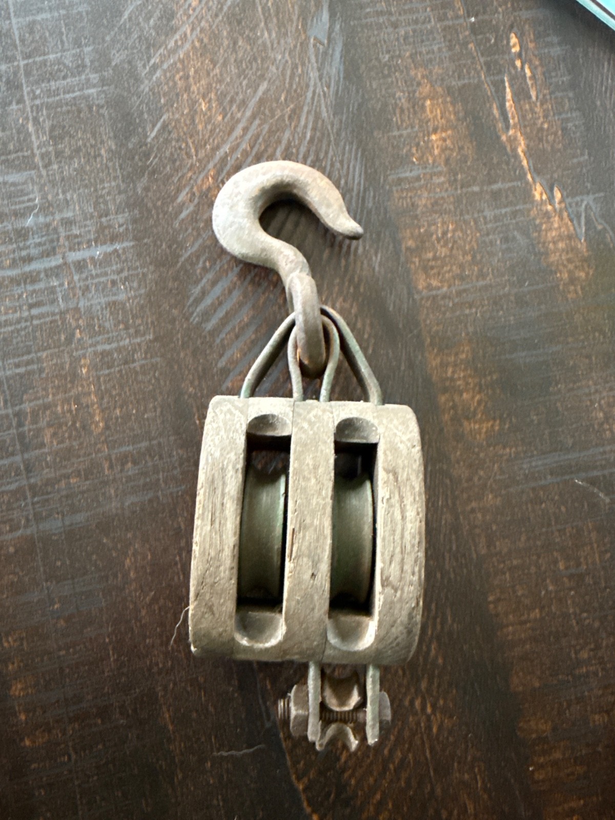 Vintage U•W 4 Upson Walton DOUBLE Wood/Steel Block & Tackle Pulley Hook